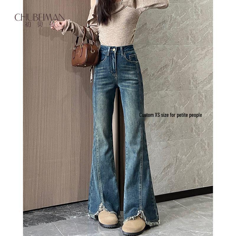 2025 Women's High Waist Bell Bottom Jeans: Stretchy Blue-Gray Raw Hem with Slit for Long-Leg Look