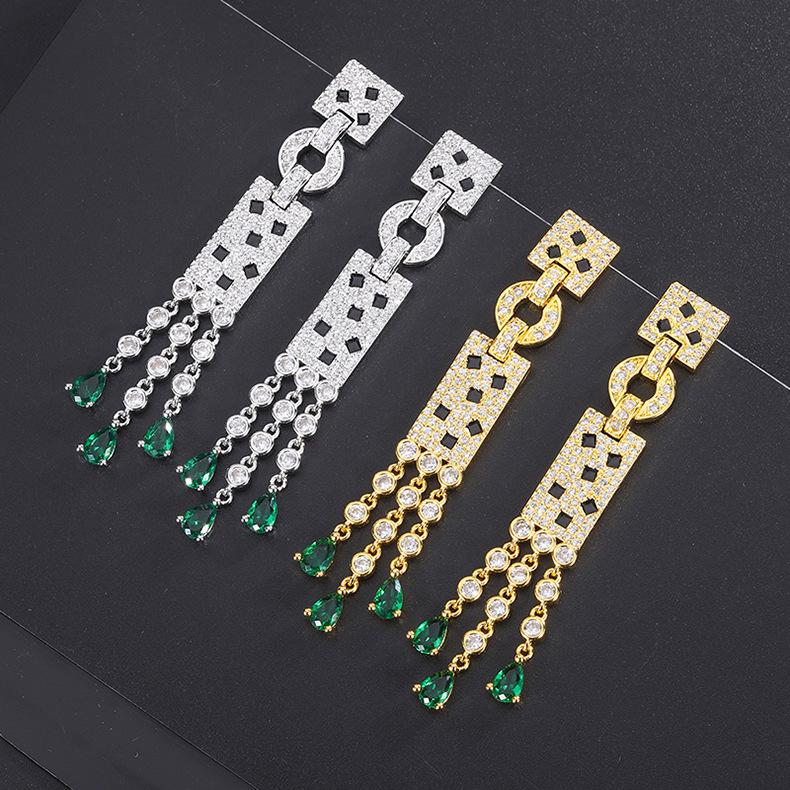 Cross Border Hot New Tassel Earrings With Silver Gold-plated Micro Inlaid Emerald Simulated Batch