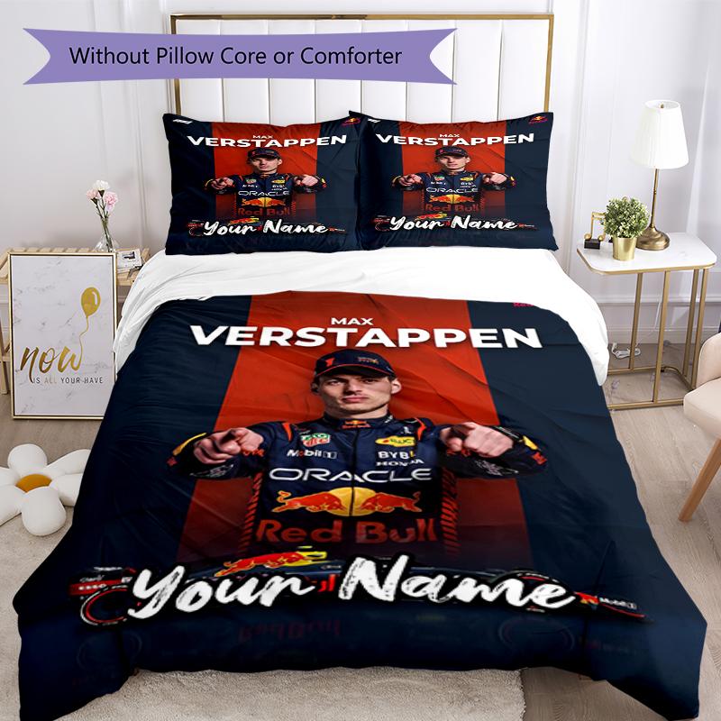 3ks Sada povlečení na míru Max Verstappen Uzavírání na zip Obsahuje 1 povlak na přikrývku a 2 povlaky na polštář, měkké a pohodlné pro všechna roční období.