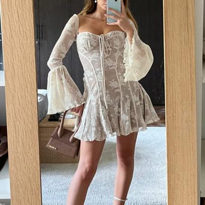 Flare Sleeve A-line Mini Sexy Dress Women Square Collar Party Lace Short Dresses Women Fashion Lace-up Print Mesh Dress 5229A-39
