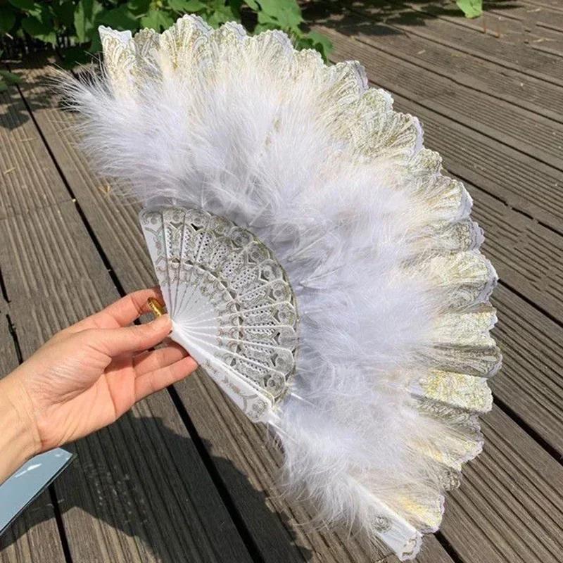 Chinese Style Vintage Retro Foldable Hand Fan Feathers Lace Folding Handheld Fan for Dance Wedding Decoration Party Favor Gifts