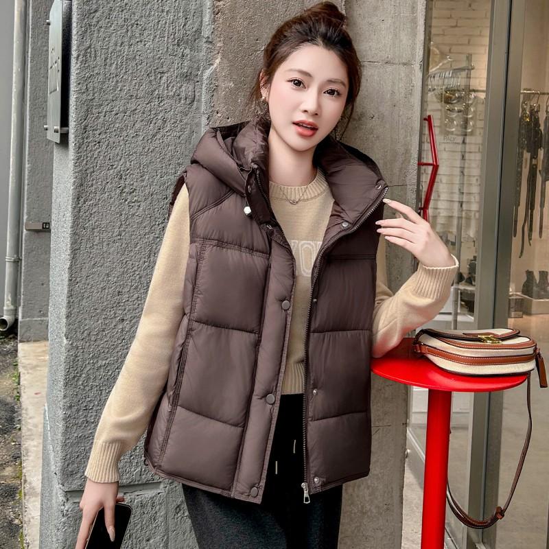 Womens Casual Hooded Puffer Vest Fall Winter Loose Sleeveless Cotton Jacket Solid Color