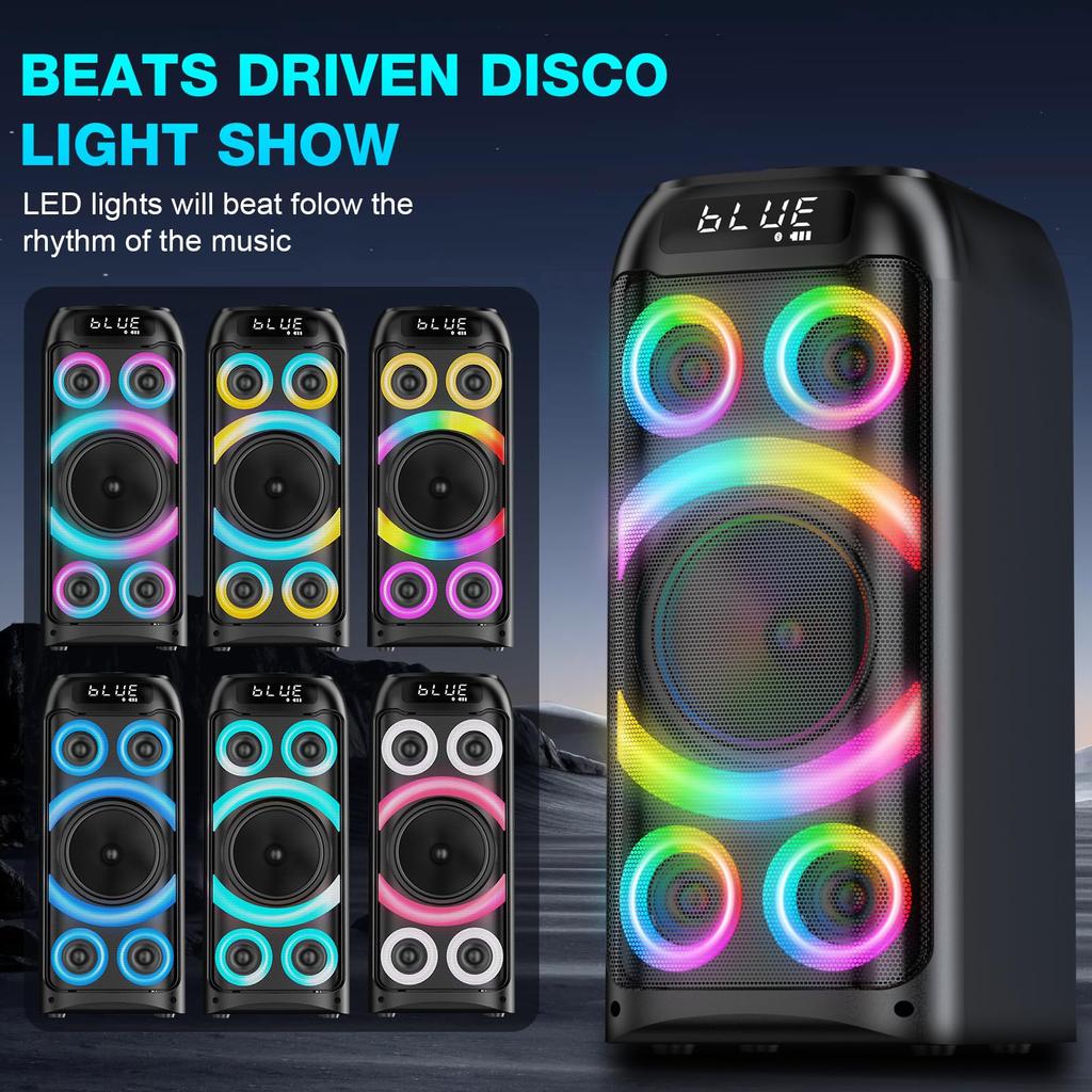 Bluetooth Speaker, 160W Peak Powerful Loud Stereo Sound Deep Bass Wireless Boombox with Subwoofer TWS Pairing Dynamic LED Light