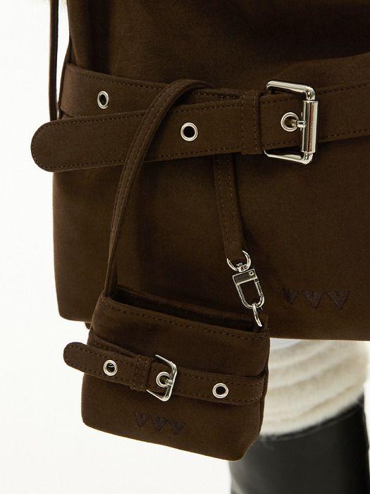 VVV Suede Buckle Mini Hobo Tote Bag Keychain _ Dark Brown