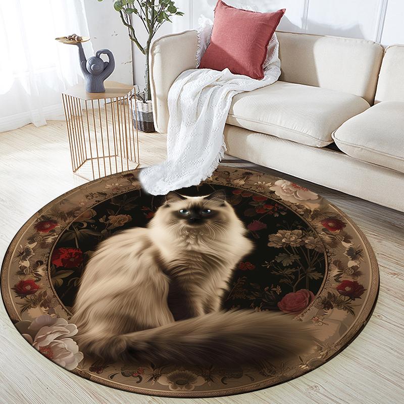 Cat and Vintage Flowers pattern round rug,Carpet Rug for Living Room Bedroom Sofa Playroom Decor,Non-slip Floor Mat,Holiday Gifts and Birthday Gifts.