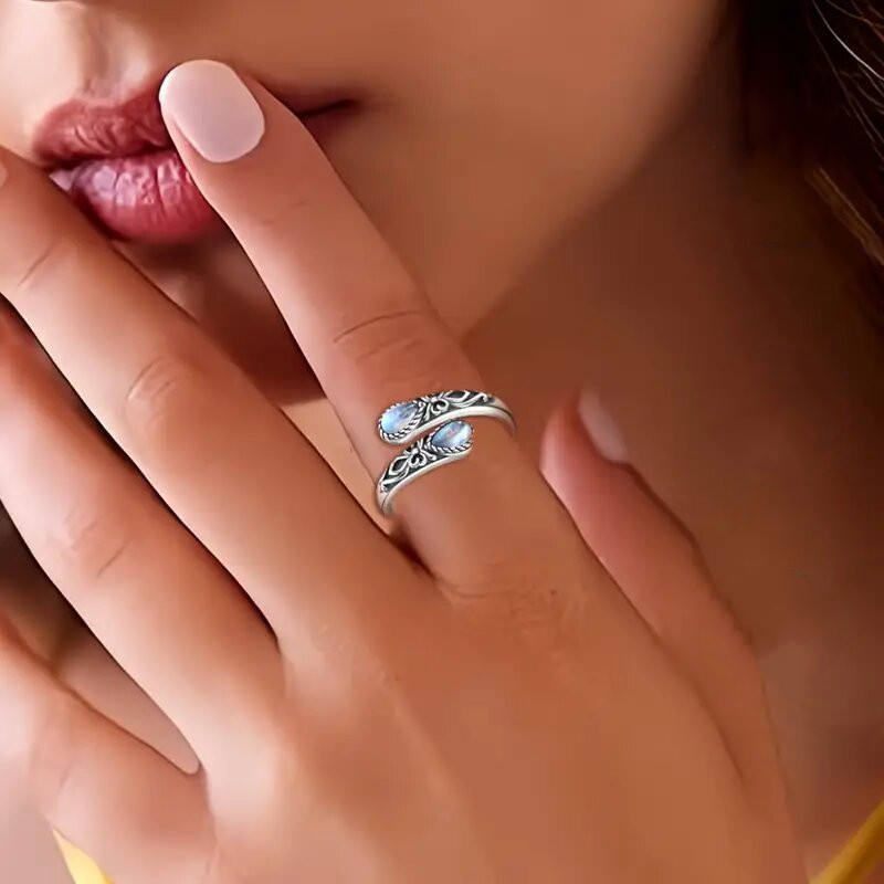 Thai Silver New Retro Design Moonstone Adjustable Ring for Woman Trendy Jewelry Daily Part Accessories Gifts