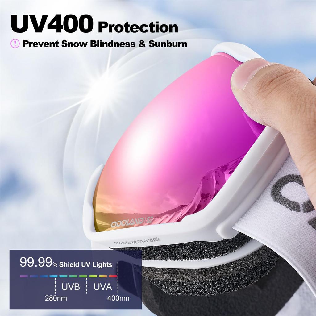 Odoland Snow Spherical OTG Glasses Mirrored UV400 Double Adult Size Pink VLT Goggles, Double-Layer Lenses, Anti-Fog, Compatible, Lenses, Protection,