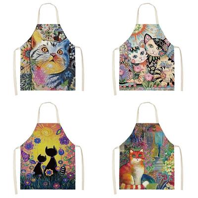 Cute Cat Personality Print Sleeveless Linen Apron Women's Cooking Kitchen Apron Restaurant Chef Apron Home Cleaning Tool Bib