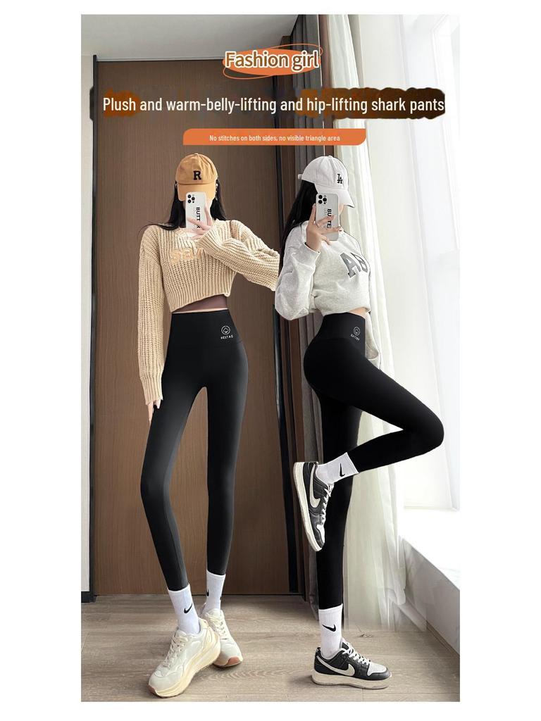 Plush Slimming Black Matte Shark Leggings for Women - Thick, No Lines Yoga Wear for Autumn/Winter