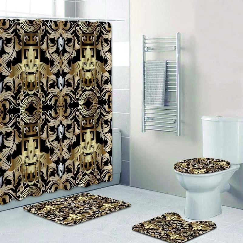 3D Luxury Black Gold Greek Key Meander Baroque Bathroom Curtains Shower Curtain Set For Bathroom Modern Geometric Bath Rug Decor