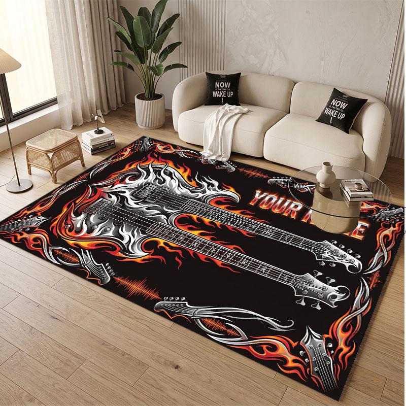 Music Guitar Theme Soft Crystal Velvet Rug Custom Name & Text Print Non Slip Floor Rug for Bedroom Living Room