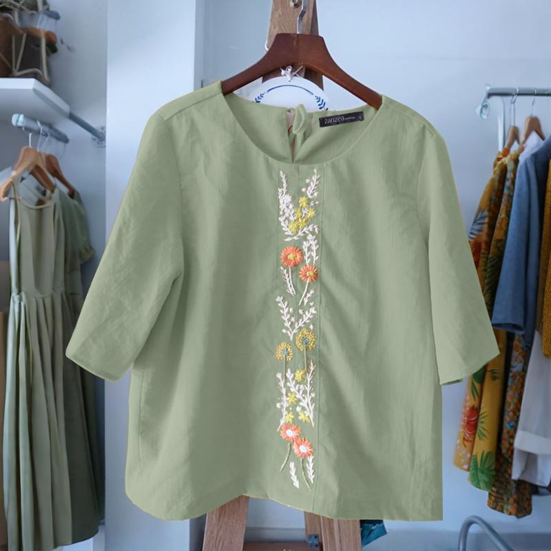 ZANZEA Women Casual Round Neck Floral Embroidery Loose Half Sleeve Blouse