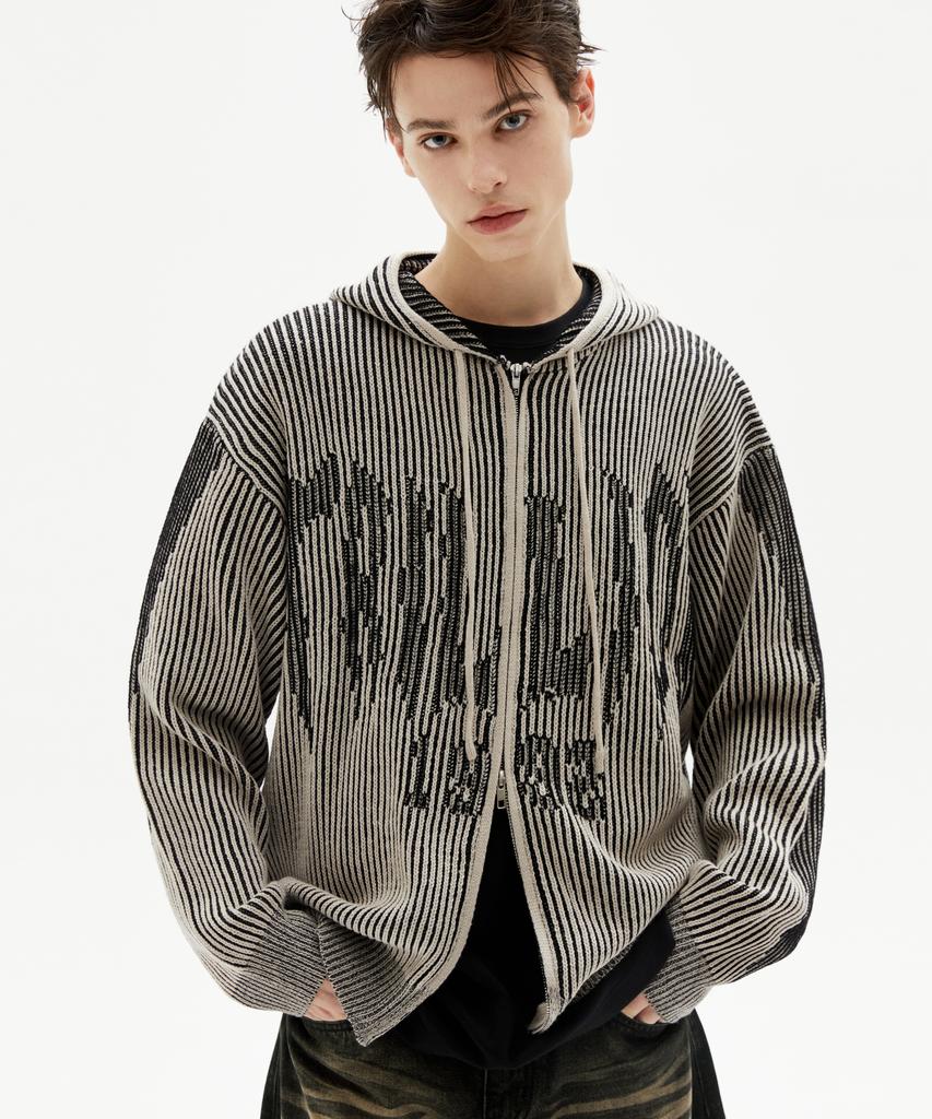 TRILLION Washable Two-Tone Hooded Zip-Up Graphic Knit (Beige)