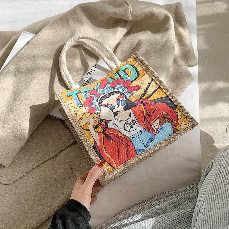 Original Simple Linen Bag, Japanese and Korean Women's Handbag Bag, Trendy Cartoon Literary Hand Carry Snack Bag, Environmentally Friendly Bento Bag