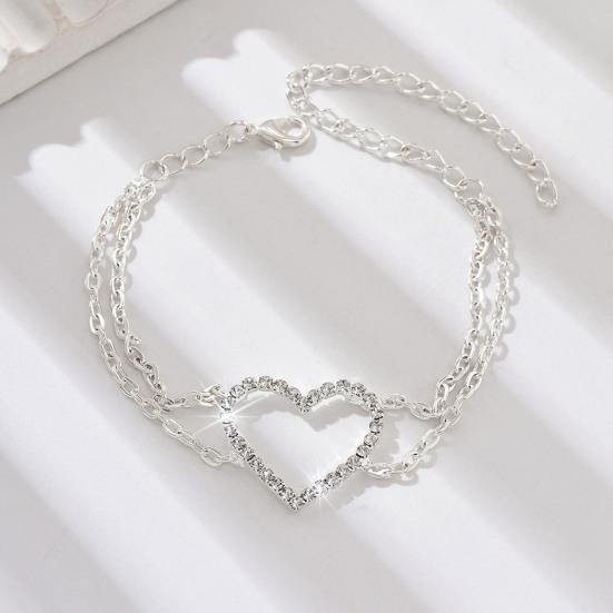 Fußkettchen für Frauen, ausgehöhltes Herz, doppellagiges Strass-Dekor, verstellbare Länge, polierter Damen-Fußkettchen, Fußkettchen, Geschenk zum Geburtstag oder Jahrestag