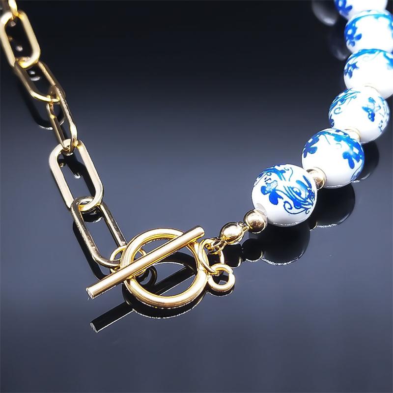 Blau-weiße Porzellanperlenkette für Damen Edelstahl China Keramik Choker Halsketten Weihnachtsgeschenk Schmuckkragen