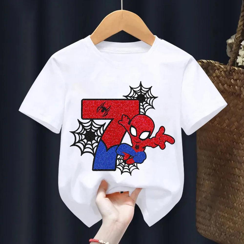 Spiderman Cartoon T-shirt for Kids Cute Birthday Number Printed Short Sleeve Summer Top for Boys And Girls