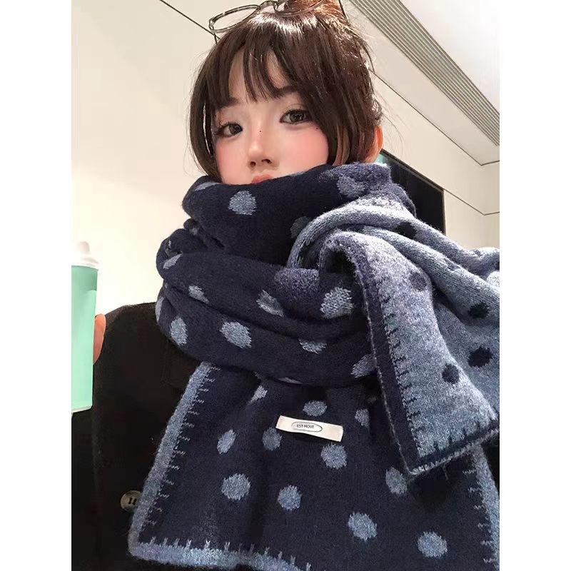 Red Korean atmosphere double-sided polka dot knitted scarf women's autumn and winter versatile thickened warm and cold scarf