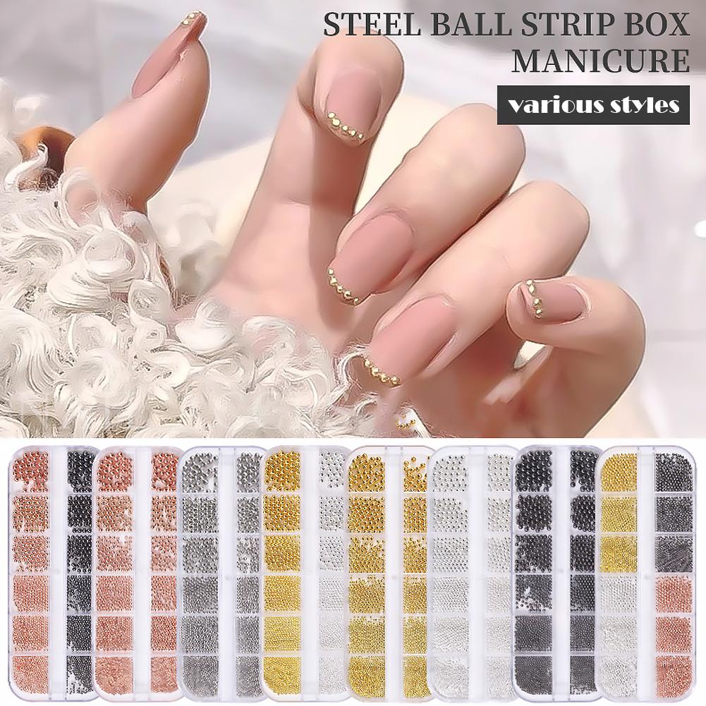 12Grids Mixed Mini Round Beads Nail Art Decor DIY 3D Nail Charms Micro Metal Ball Gold Silver Black Metal Beads for UV Gel Nail
