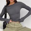 Autumn Women Slim Round Neck Cropped Tops Long Sleeve Show Navel Solid Temperament Color T-Shirt