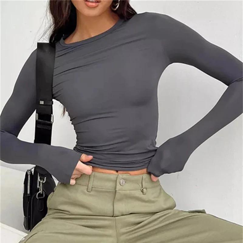 Autumn Women Slim Round Neck Cropped Tops Long Sleeve Show Navel Solid Temperament Color T-Shirt