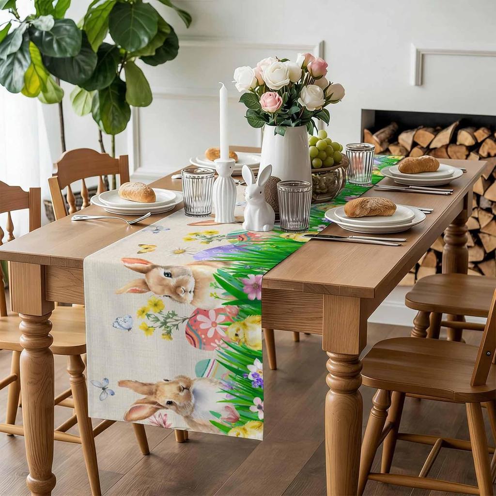 Easter Bunny Eggs Floral Grass Linen Table Runner Party Decor Spring Colorful Flowers Butterfly Table Runners Easter Decorations