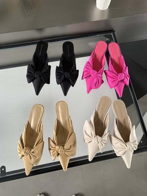 Fashion Pointed Toe Women Slippers Summer Outside Mules Shoes Low Heeled Bow Deisgn Black Rose Beige Khaki Casual Mules Loafers 35-39