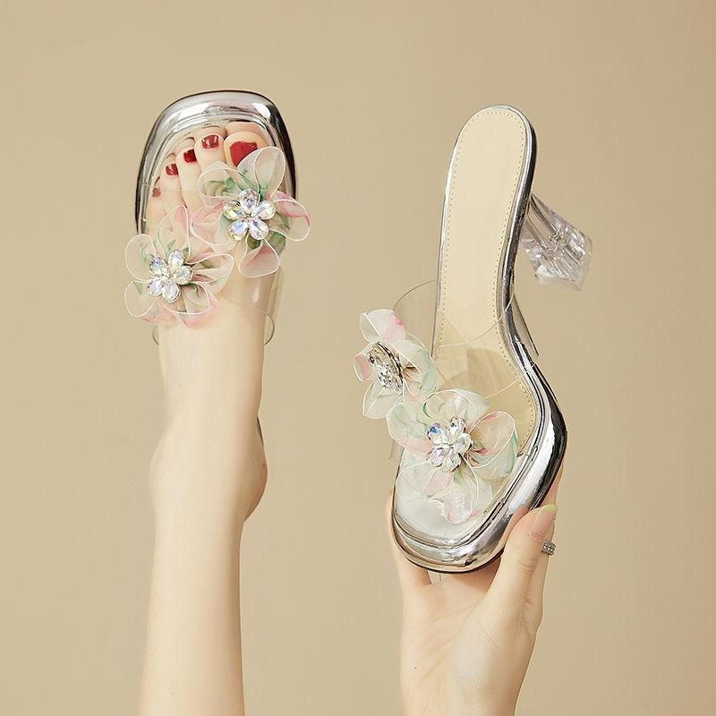 Crystal heel high heel slippers women's outer wear summer 2025 new temperament thick heel fashion sandals women's transparent cool slippers