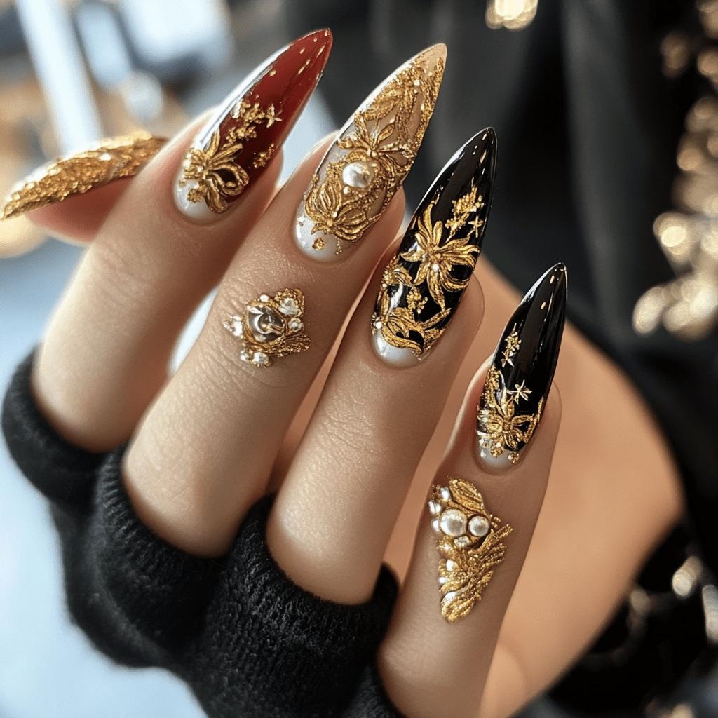 

24PCS Autumn Winter Almond Press on Nails Golden Maple Leaves Patterns French Fake Nails for Women Wearable False Nails Manicure