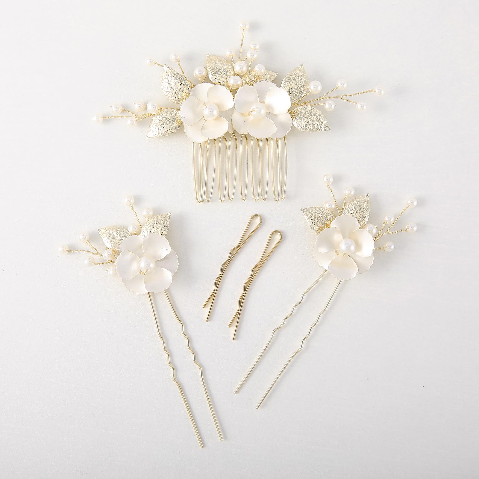 

Famihot Hair Accessory Headpiece, Leaf and Seashell Flower Motif, Comb, Pearl Hairpin, 5-Piece Set, Hair Accessory for Weddings, Receptions,