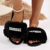 Fashion Indoor Faux Fury Cotton Slippers Women Winter Fashion Pearls Detor Cotton Slippers Open Toe Non Slip Plush Slides Female