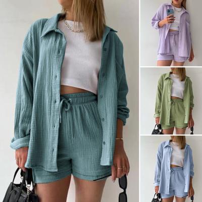 Conjunto de 2 peças de roupas femininas de verão, blusa de manga comprida com botões e shorts com cordão, conjunto de moletom casual de algodão, traje de lazer