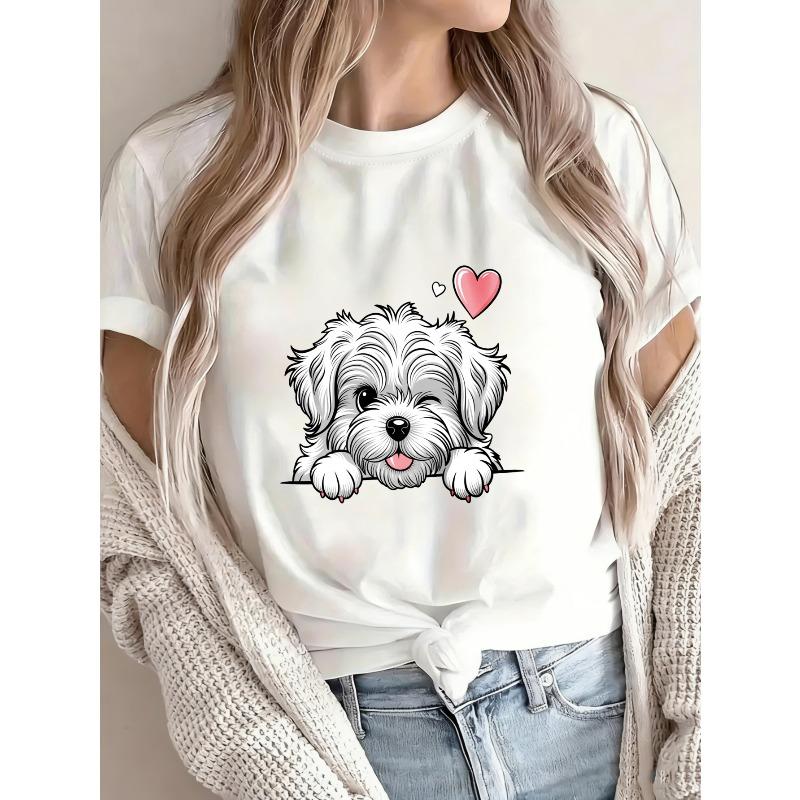 Cute Dog Print T-Shirt White Shih Tzu Puppy With Heart Design Casual Everyday Wear For Women