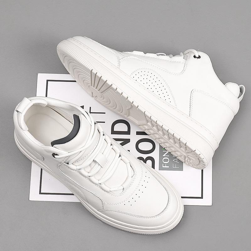 Student Little White Board Shoes Men's Semi-high Top Inner Height Increase 8cm Shoes Leather Breathable Versatile Sports and Leisure Shoes Men