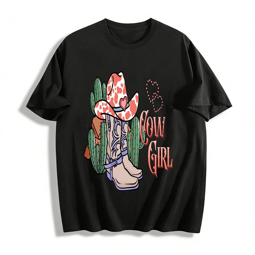 Western Retro Cactus Cowboy Hat Print Casual Top Pure cotton T-shirt XXS