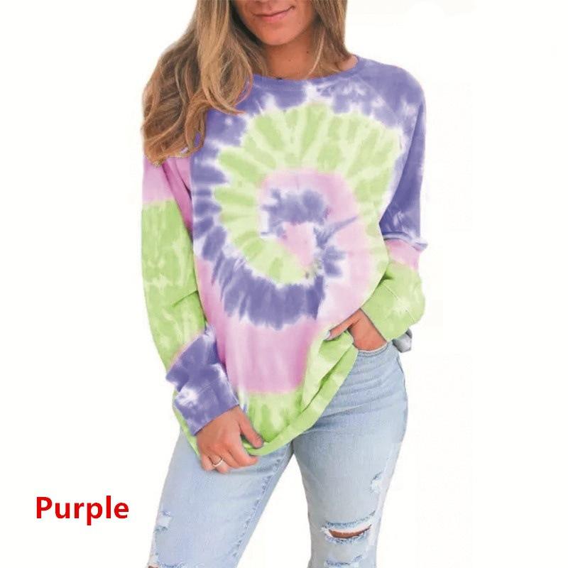 

Женский топ с длинными рукавами и принтом тай-дай с круглым вырезом, модный повседневный свободный хлопковый пуловер с круглым вырезом, свитшот размера плюс XS фиолетовый