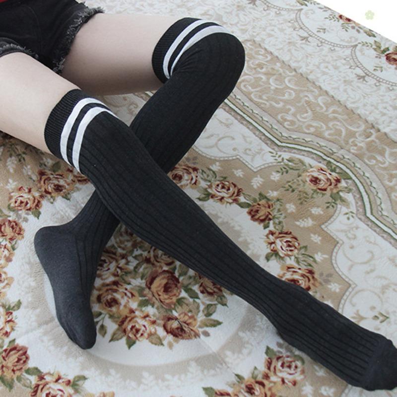 Women Striped Cotton Long Socks Japanese JK Black White Knee High Stockings Students Girls Solid Color Long Tube Leg Warm Socks