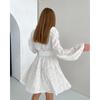Fashion Dignified Hollow Jacquard Lantern Sleeve Dress Sexy V-neck Lantern Sleeve
