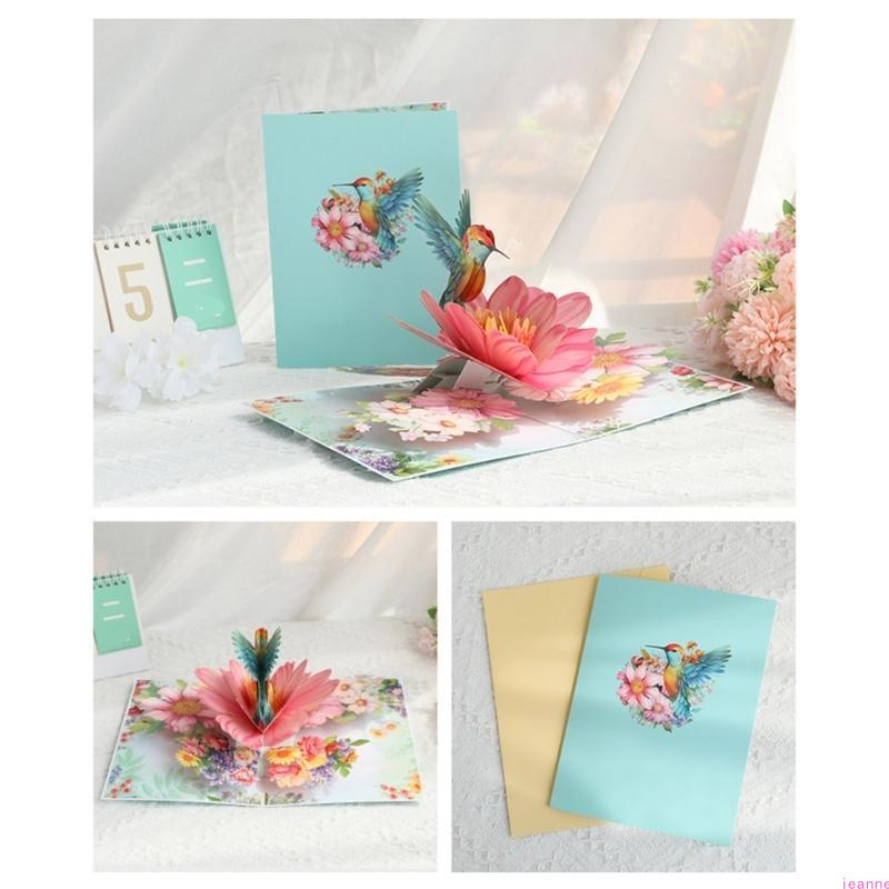 Paper 3D Flower and Hummingbirds Greeting Card Handmade Foldable Blessing Card
