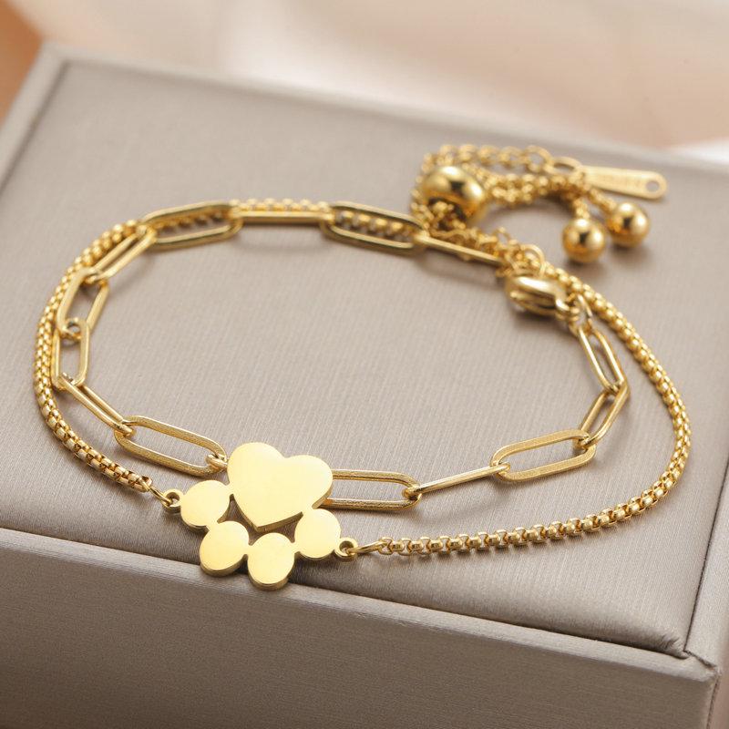 Stainless Steel Paw Print Heart Double-Layer Adjustable Bracelet