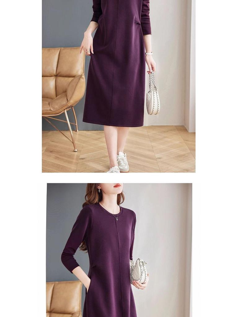Elegant Plus-Size Purple Long-Sleeved Dress: Loose Slimming Straight Mid-Length for Spring & Autumn