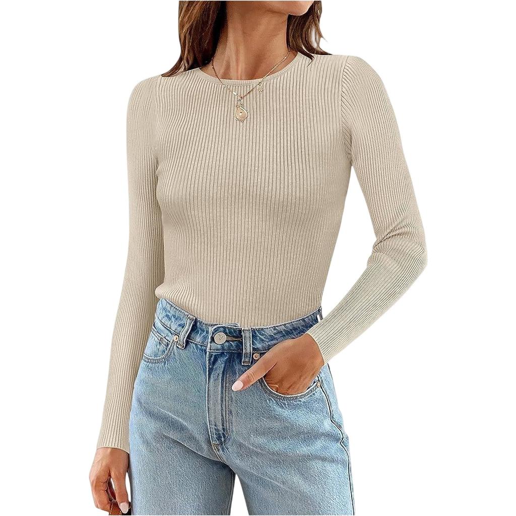 Maglietta da Donna a Maniche Lunghe Girocollo a Righe Slim Fit Casual Basic