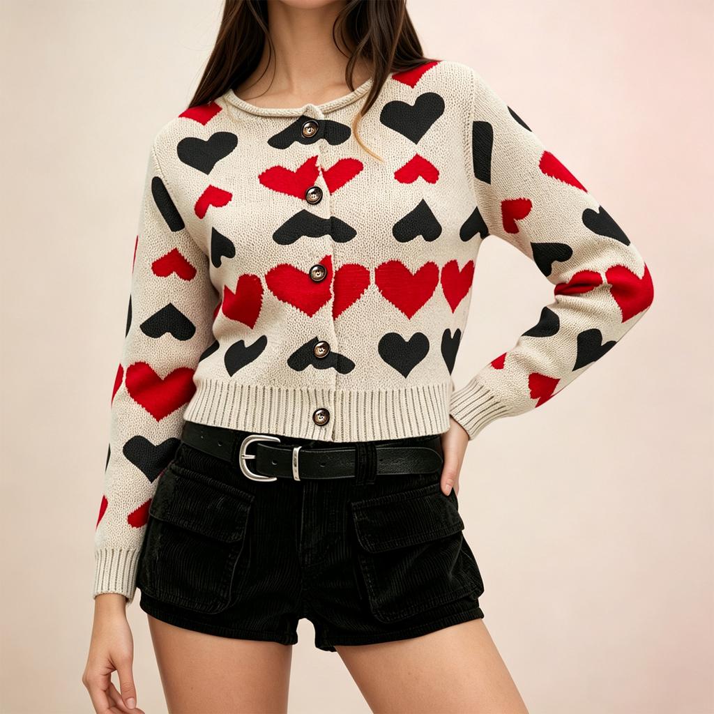 Women's Stylish Heart Print Knit Sweater Pullover