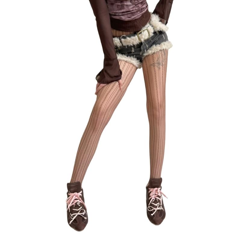 Elegant Hollowed Twist Striped Pattern Sheer Fishnet Stockings Aesthetic See Through Mesh Tights Pantyhose for Women