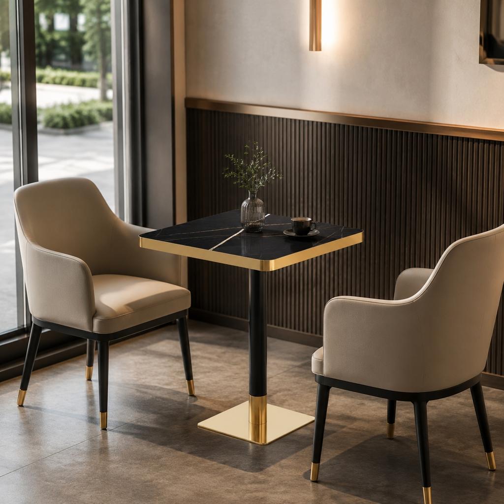 Square Dining Table UV Panel Marble Look Metal Frame Modern