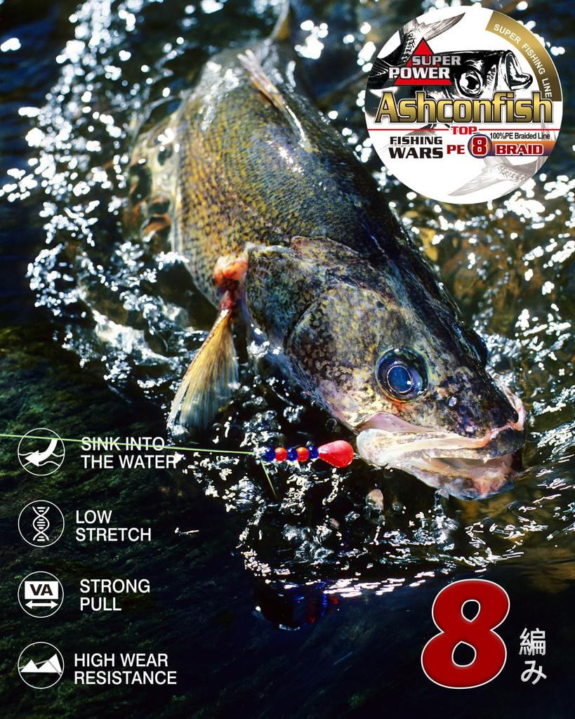 Ashconfish PE Fishing Line, 8-Strand, 1000m, Ultra Strong, High Sensitivity, Abrasion Resistant, Low Stretch, Multicolor