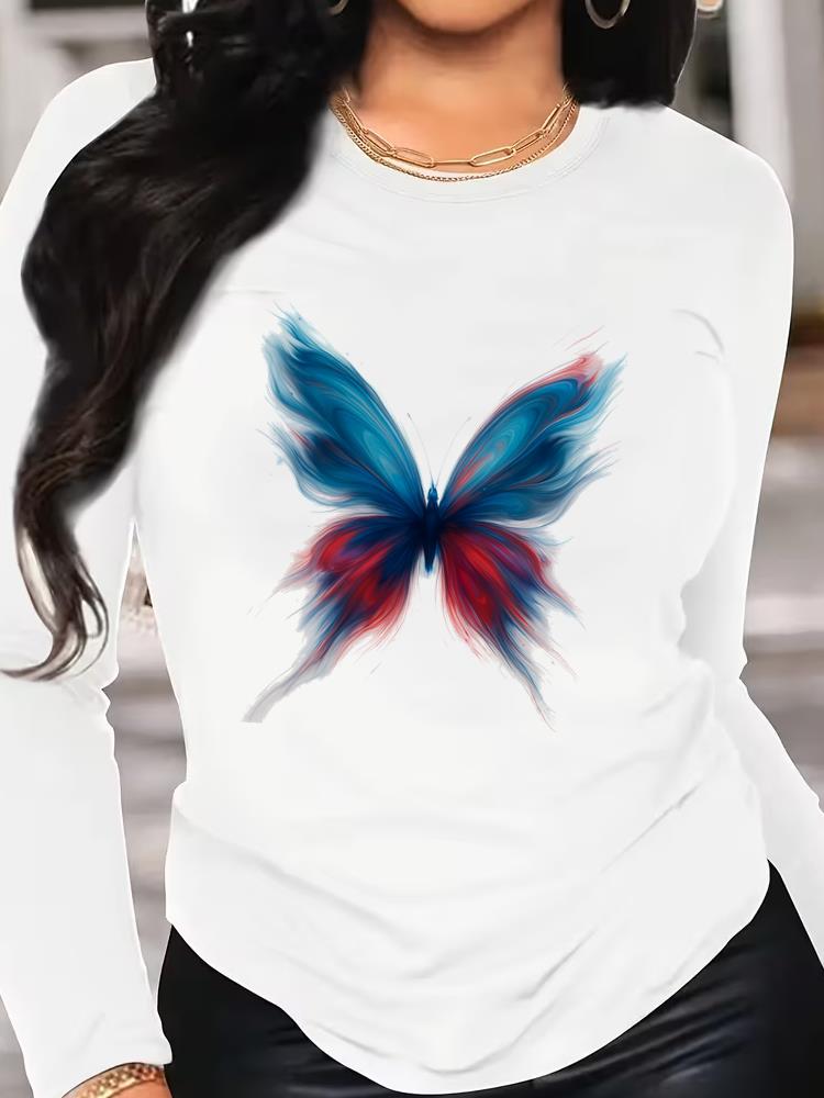 (Asian Size) T Shirt Tee Women Clothing Butterfly Cute Long Sleeve Print Autumn Winter Spring Casual Fashion Top O-neck Graphic T-shirts