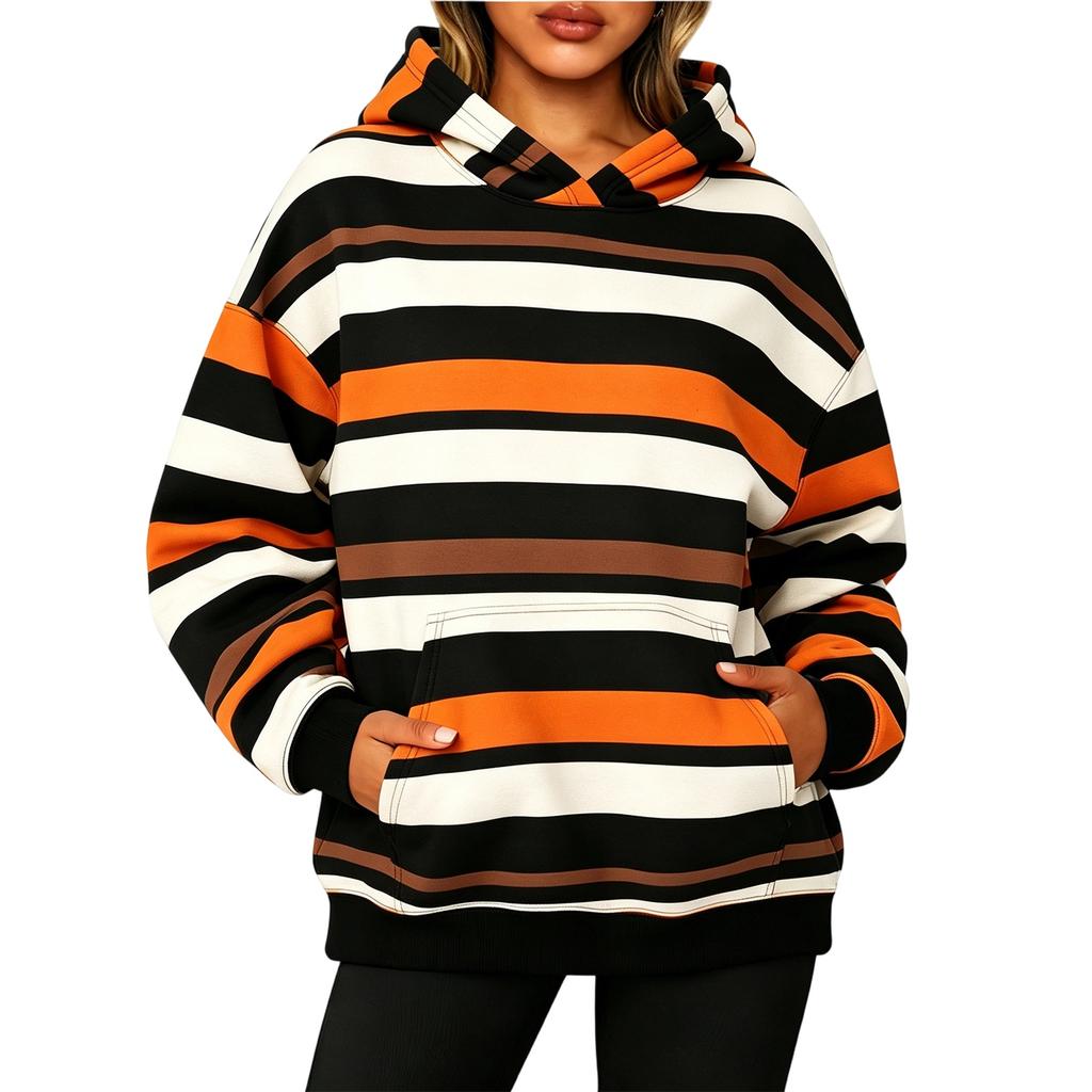 Women's Long Sleeve Striped Hoodie with Pocket - Casual Pullover Sweatshirt