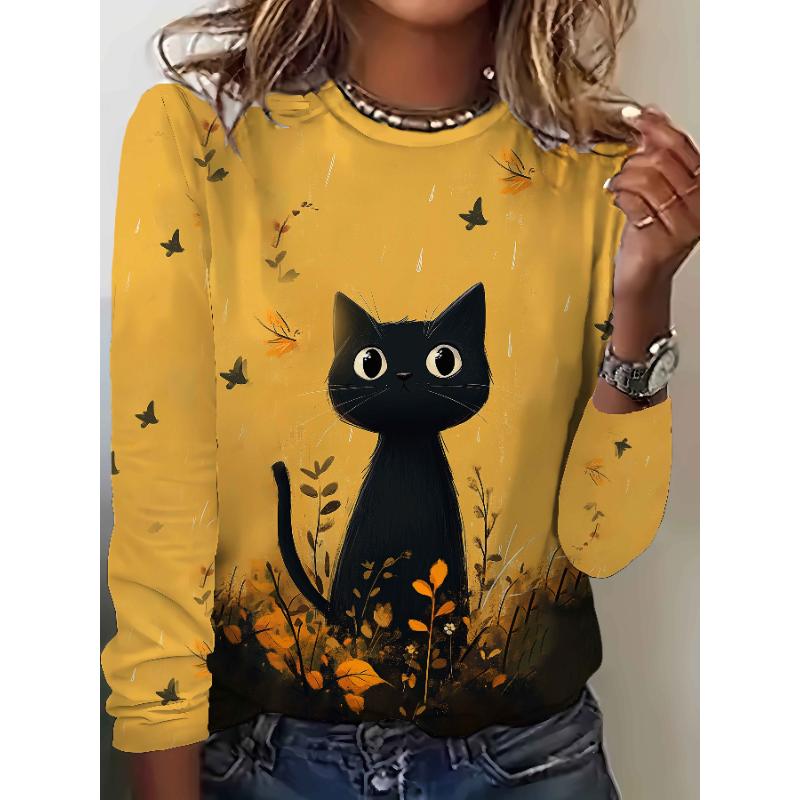 

Cute Yellow Autumn Leaves, a Black And White Cat, Fallen Leaves, Little Birds on The Grass, XL