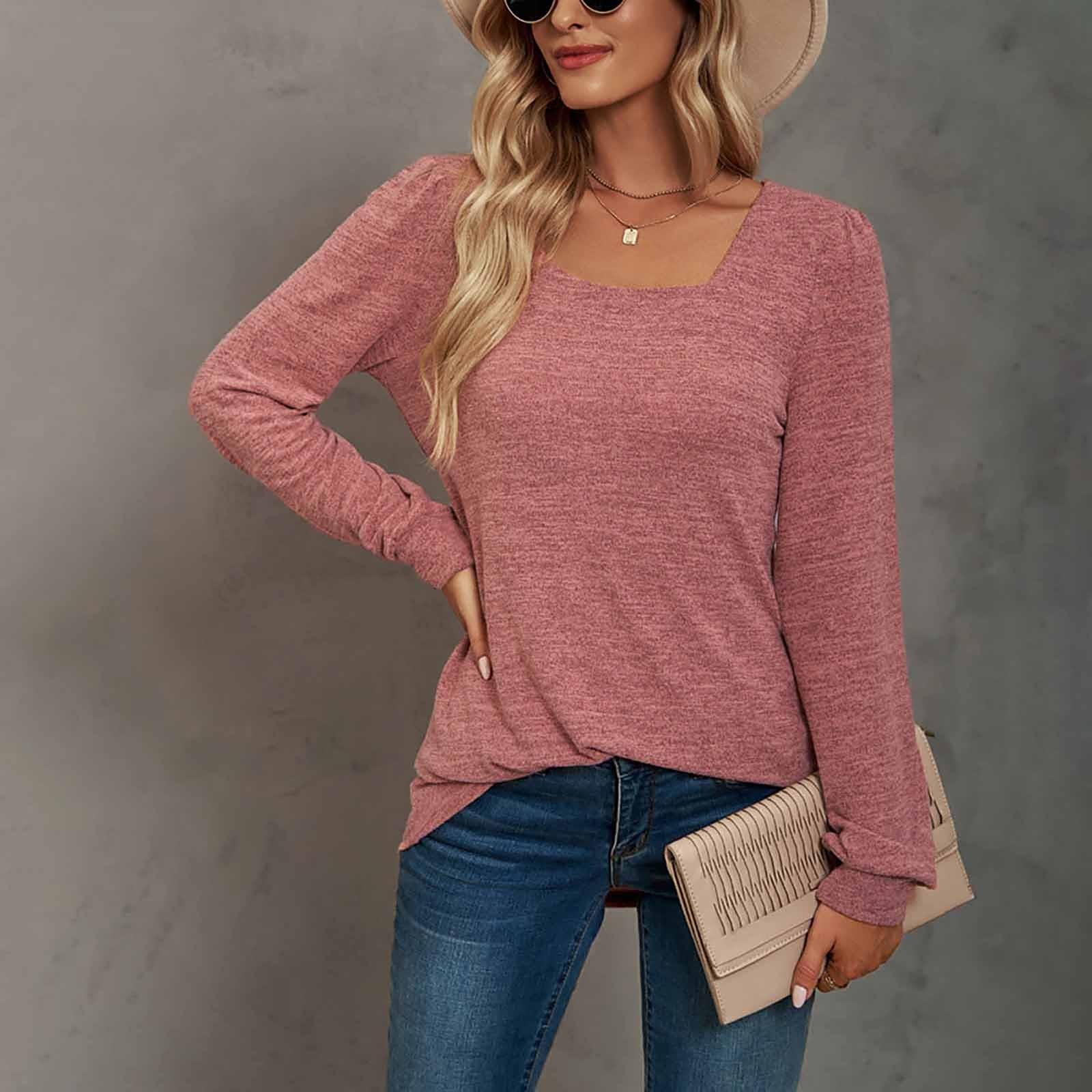 

(SU)Женская однотонная повседневная рубашка с длинными рукавами и v-образным вырезом с пышными рукавами XL розовый